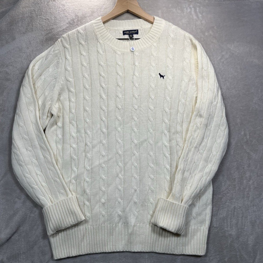Simply Southern Cable Knit Sweater Mens XL Cream Preppy Crewneck Pullover Logo